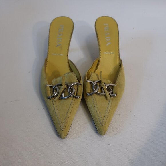 Womens Prada Yellow Suede Buckle Pointed Kitten Heel Mules 37.5 US/7.5 - Picture 1 of 15